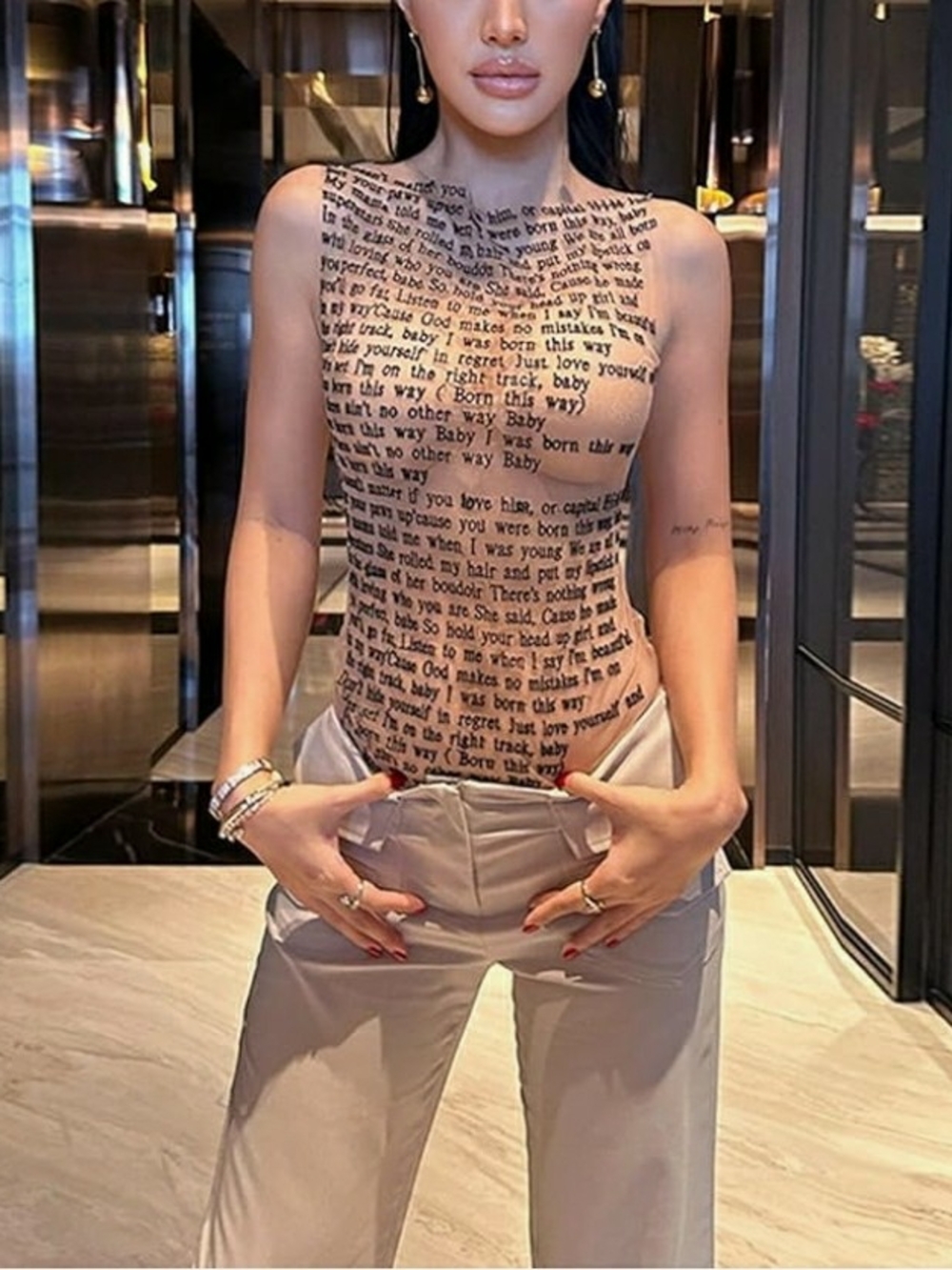 Women’s Printed Text Tube Top — Beige See-through